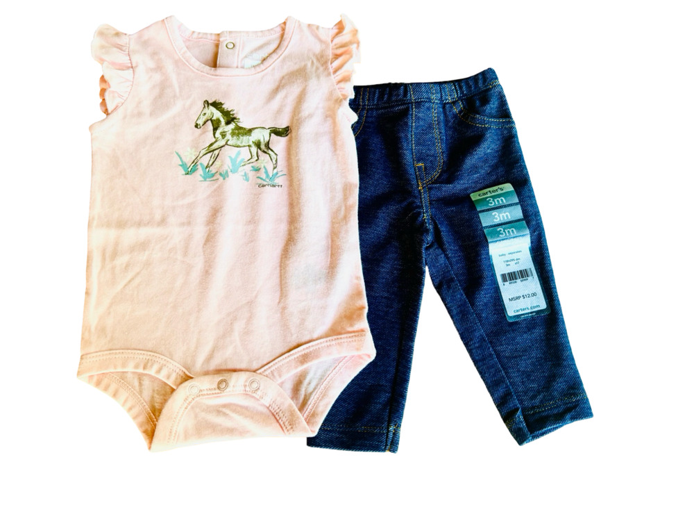 Carhartt Baby Girls Horse Bodysuit And Denim Pants Set Size 3M